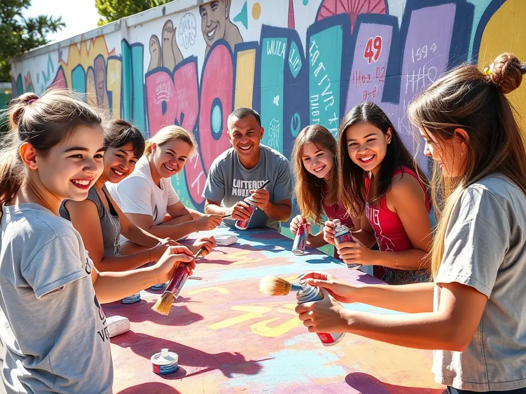 A vibrant image depicting participants of all ages engaged in a collaborative mural painting project, showcasing community involvement and artistic expression.