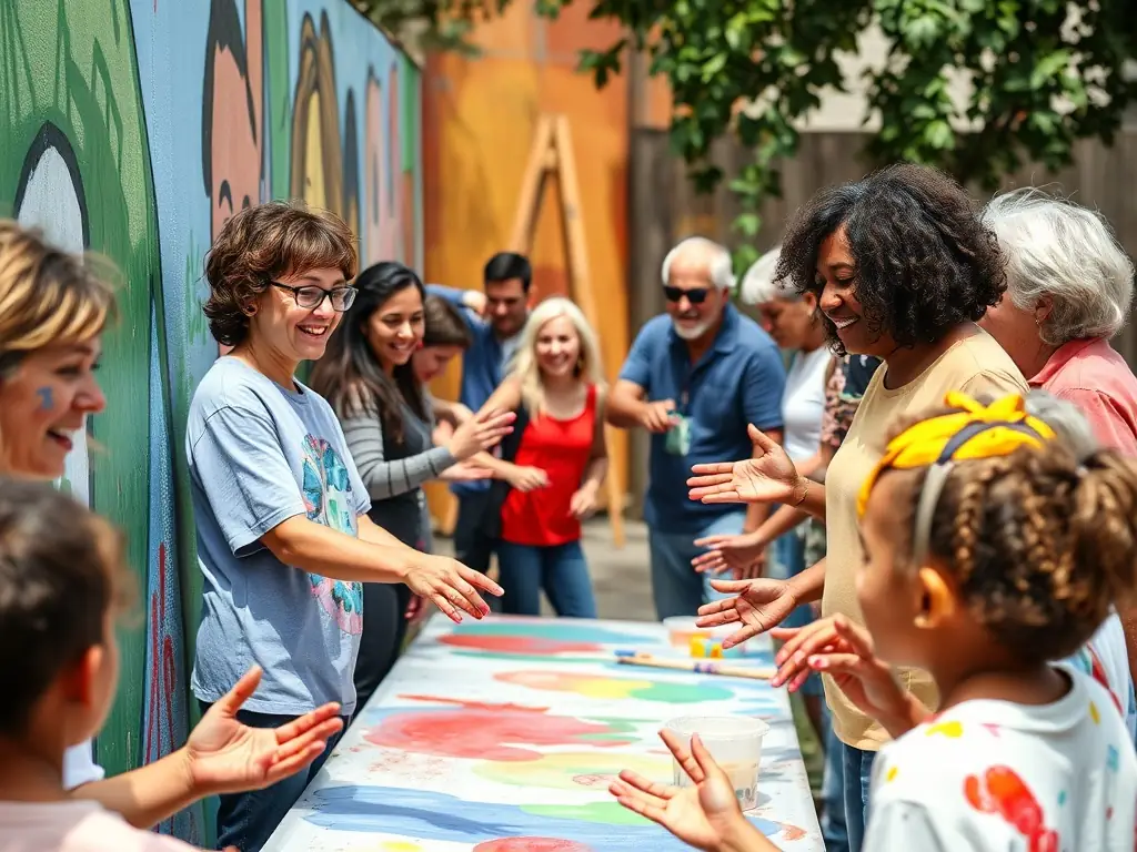 A vibrant image depicting participants of all ages engaged in a collaborative mural painting workshop, showcasing the community engagement aspect of the cultural artistic workshops program.