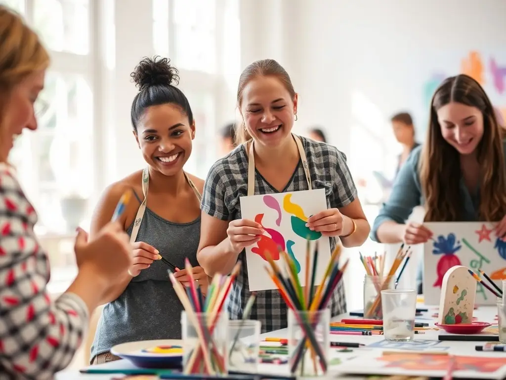 An image of diverse participants engaged in a vibrant painting or sculpture workshop, showcasing hands-on creativity and community involvement.