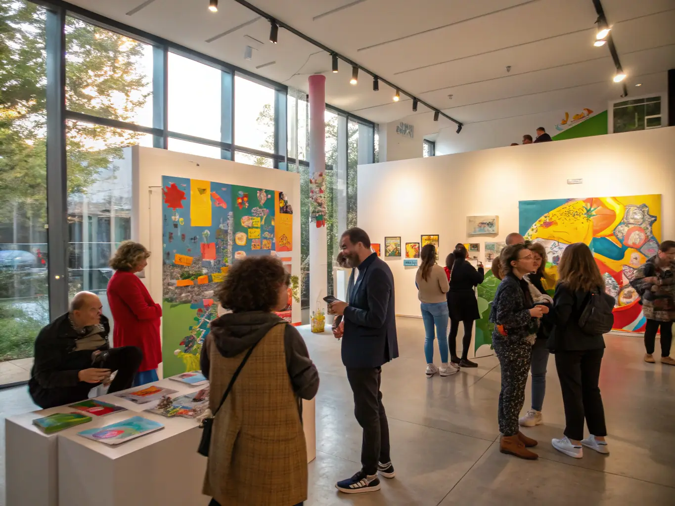 A photograph capturing a community art exhibition, featuring diverse artworks and attendees, highlighting the organization's role in promoting artistic dissemination and cultural accessibility.