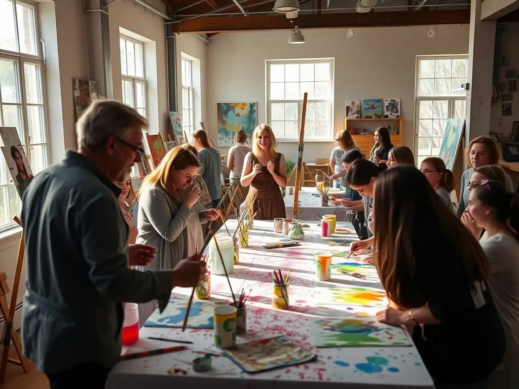 An image showcasing a cultural artistic workshop in progress, with participants learning new skills and techniques from experienced instructors.